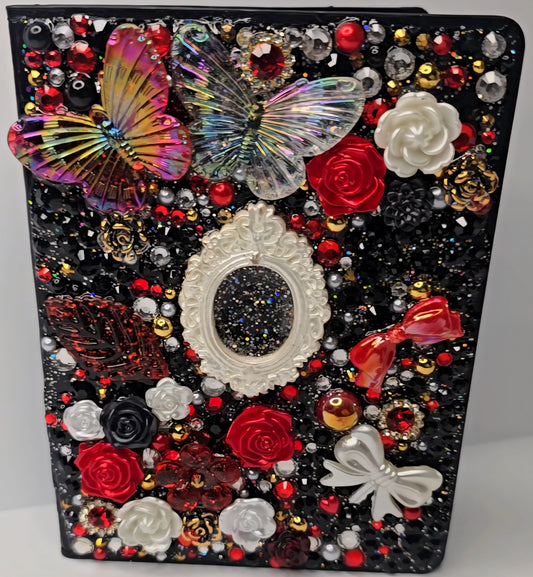 Crimson Noir 3D Floral Rhinestone Passport Holder – Red & Black Statement Piece